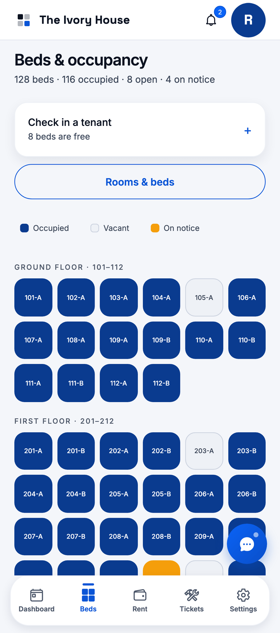 The beds screen: 128 beds, 116 occupied, 8 open and 4 on notice, drawn floor by floor as a grid of numbered tiles.
