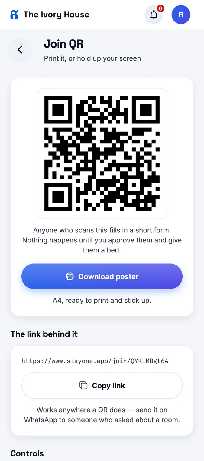 StayOne Join QR screen with a QR code, a Download poster button for an A4 poster and a link to copy