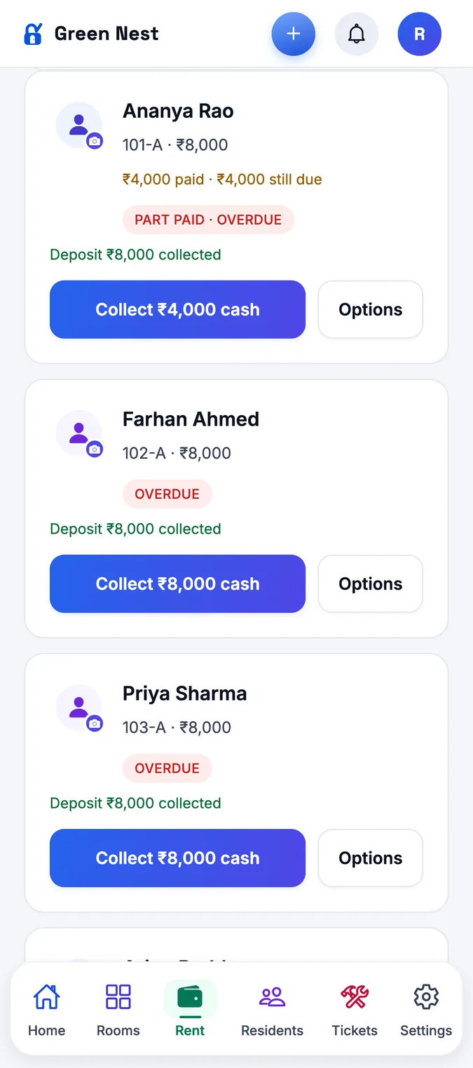 StayOne Rent collection screen showing collected and pending rent for October and a Bill all button
