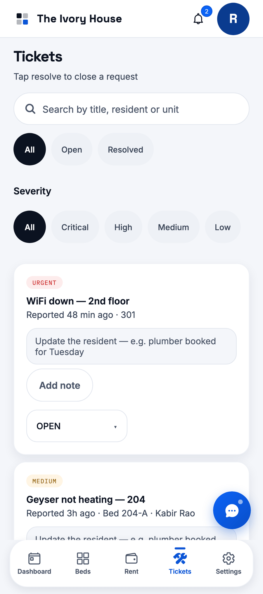 The tickets screen: complaints filtered by status and severity, an urgent WiFi outage at the top of the queue and a medium-severity geyser fault below it.