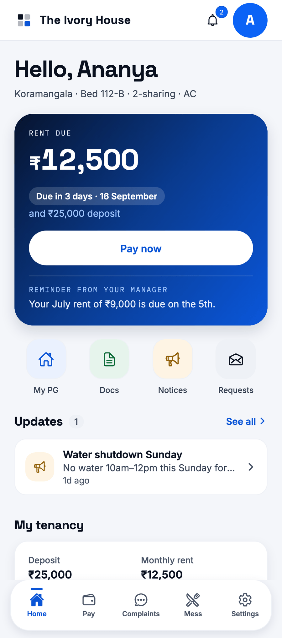 The resident's home screen: ₹12,500 rent due in three days with a Pay now button, plus shortcuts to their PG, documents, notices and requests.